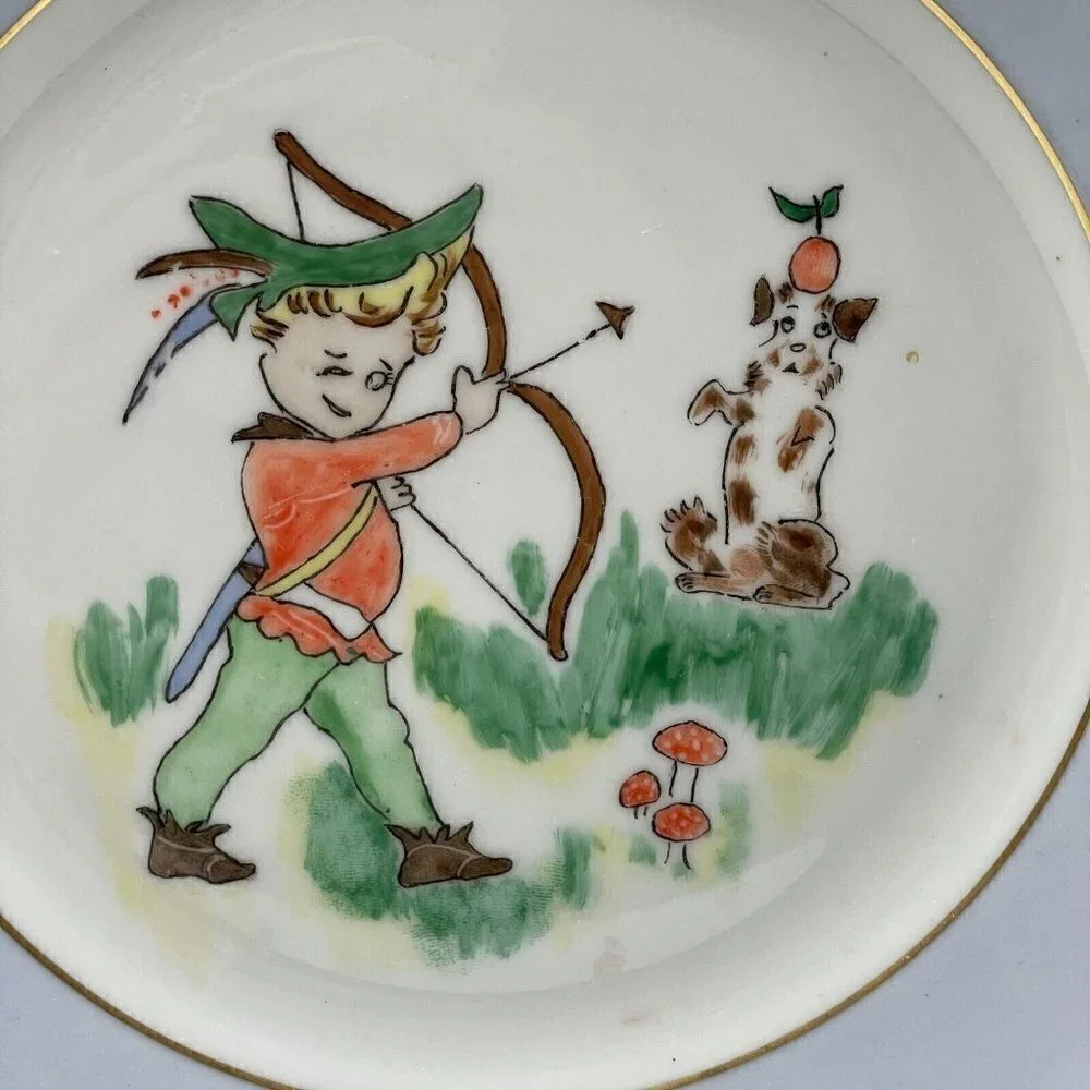 Vintage Signed 1954 Denmark Ceramic Hand Painted Blue Rim Child's Plate Bowl Set